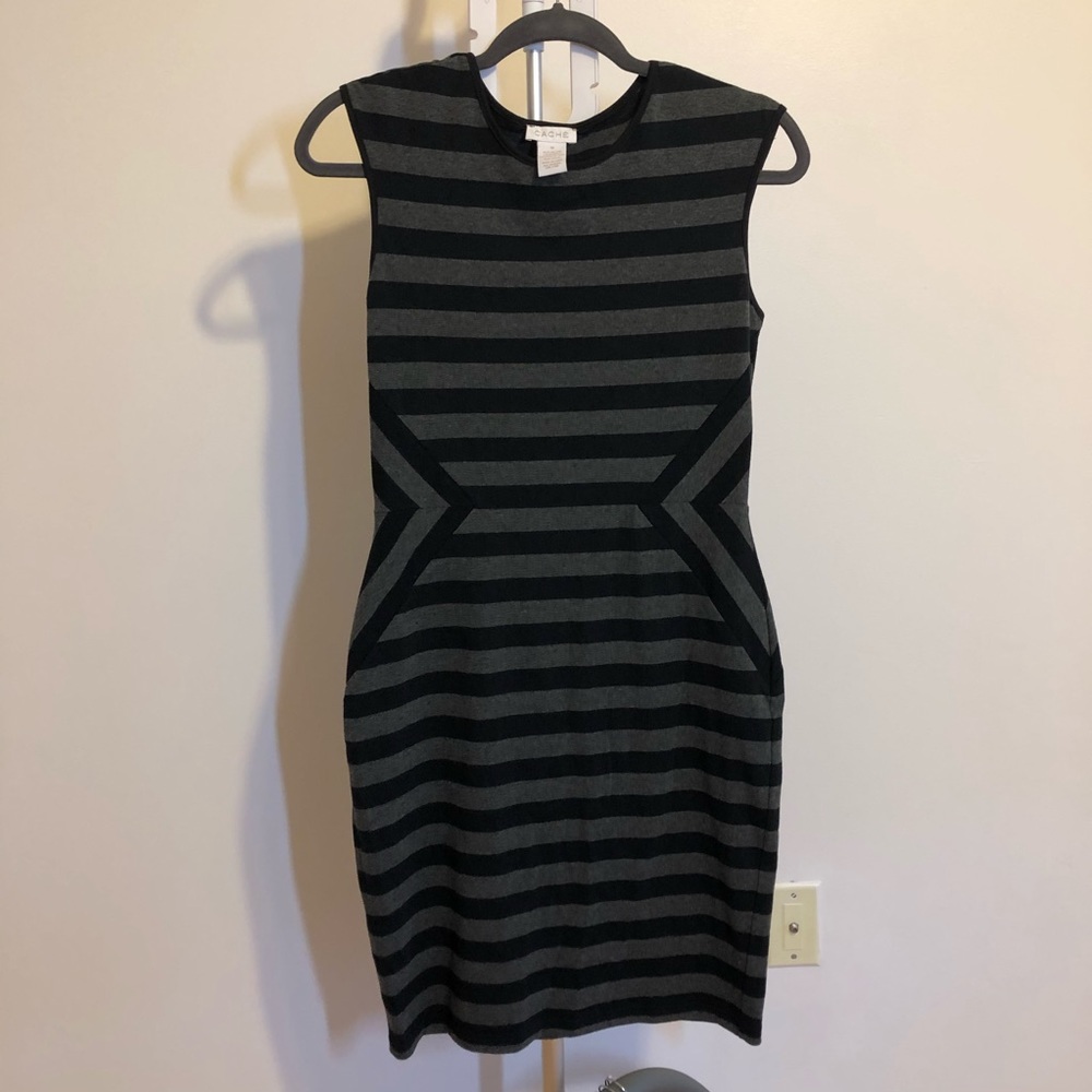 Cache Black and Grey Striped Formal Bodycon Dress